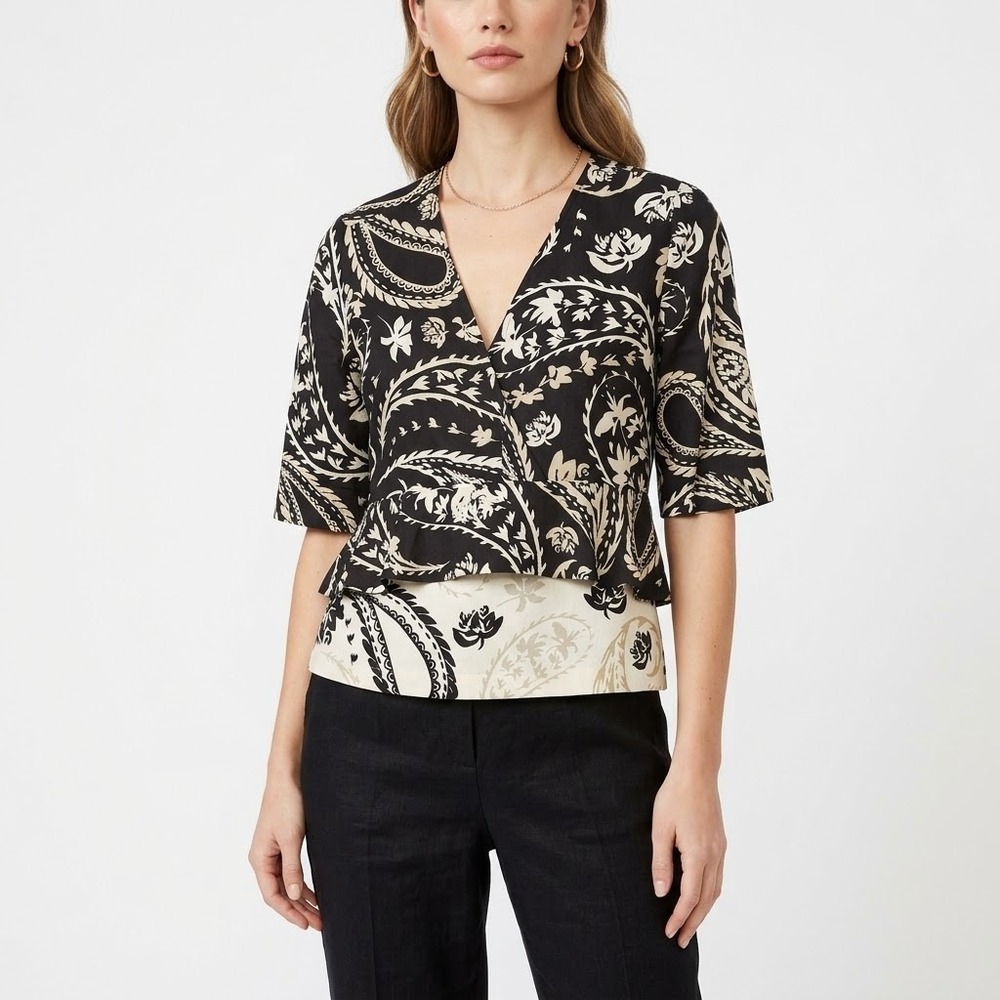 BCBGMAXAZRIA Wrap Blouse Women's Size 2XS Black Ivory Paisley Print Layered Hem